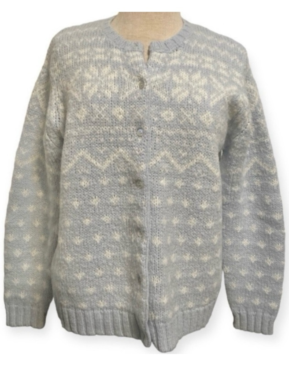 Vintage 90’s Knit Sweater Cardigan Blue White Button Holiday Fair Isle Norwegian